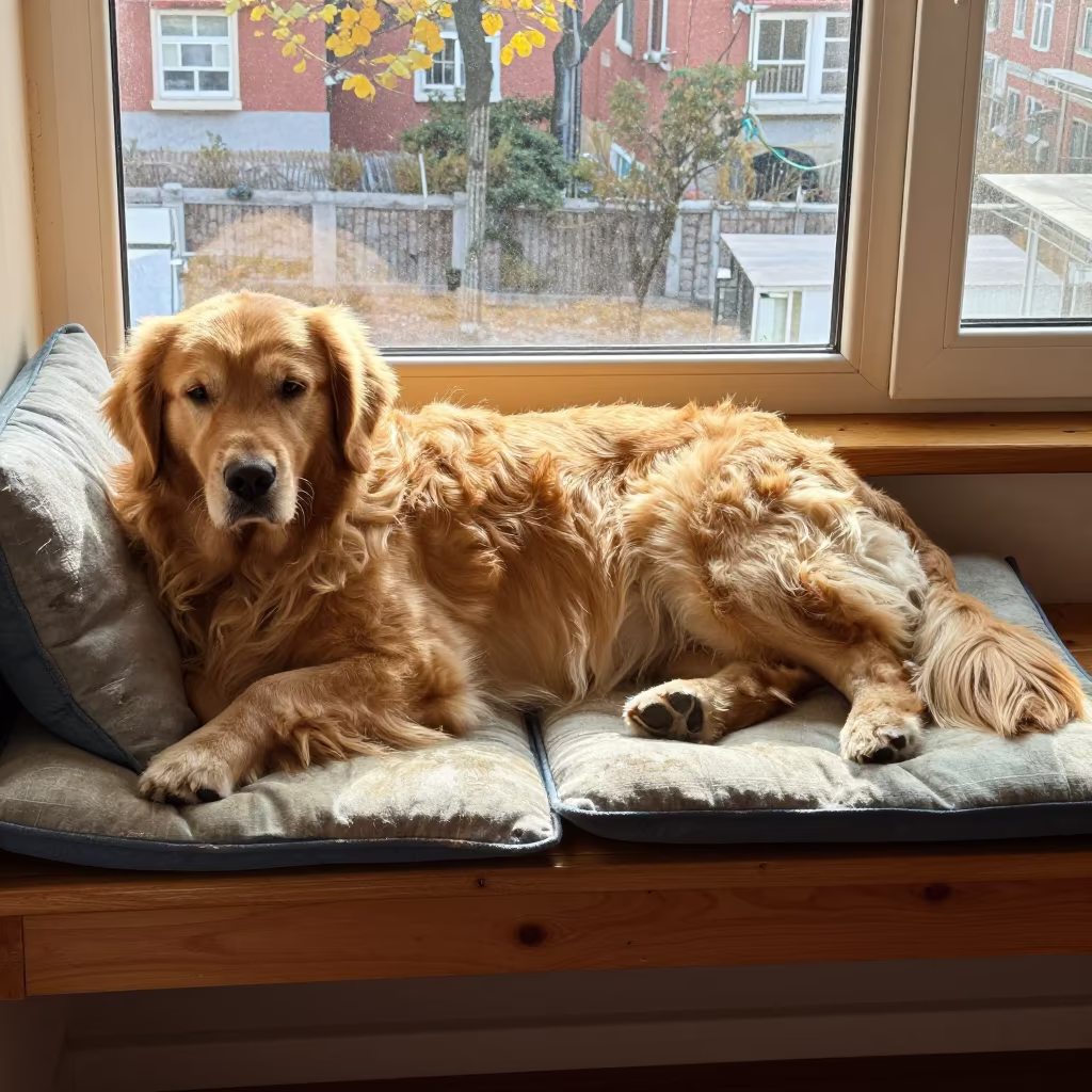 Golden Retriever Resting on Window Seat in Qingdao in on a window seat in a quiet apartment with soft side light in Qingdao