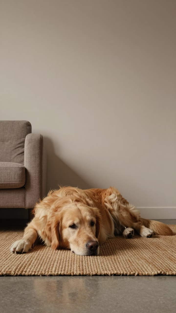 Golden Retriever Resting on Woven Rug in Würzburg Home in on a woven rug beside a low couch and an uncluttered wall in Würzburg