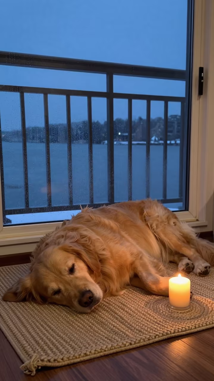 Golden Retriever Sleeping on Braided Rug in on a pier railing near Sanita, Naples