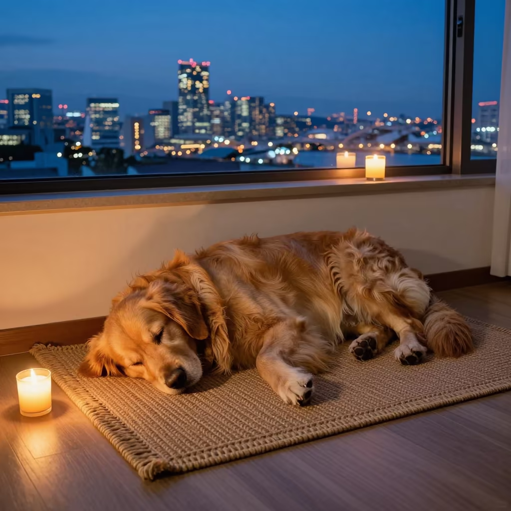 Golden Retriever Sleeping on Braided Rug in Yokohama in on a painted display ledge near Yokohama