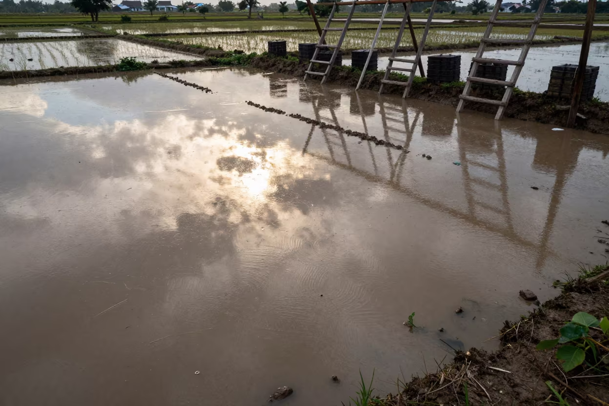 Golden Rice Paddy Reflecting Clouds Vietnam in among orchard ladders and crates in Vietnam