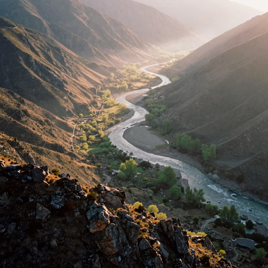 Golden River Meanders Over Thimphu Valley in at a rocky saddle overlooking a mountain valley near Thimphu