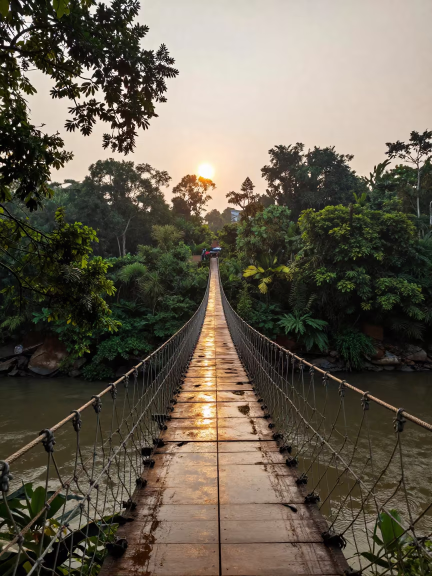 Golden Rope Bridge Over Jungle Gorge Vietnam in near Ho Chi Minh City