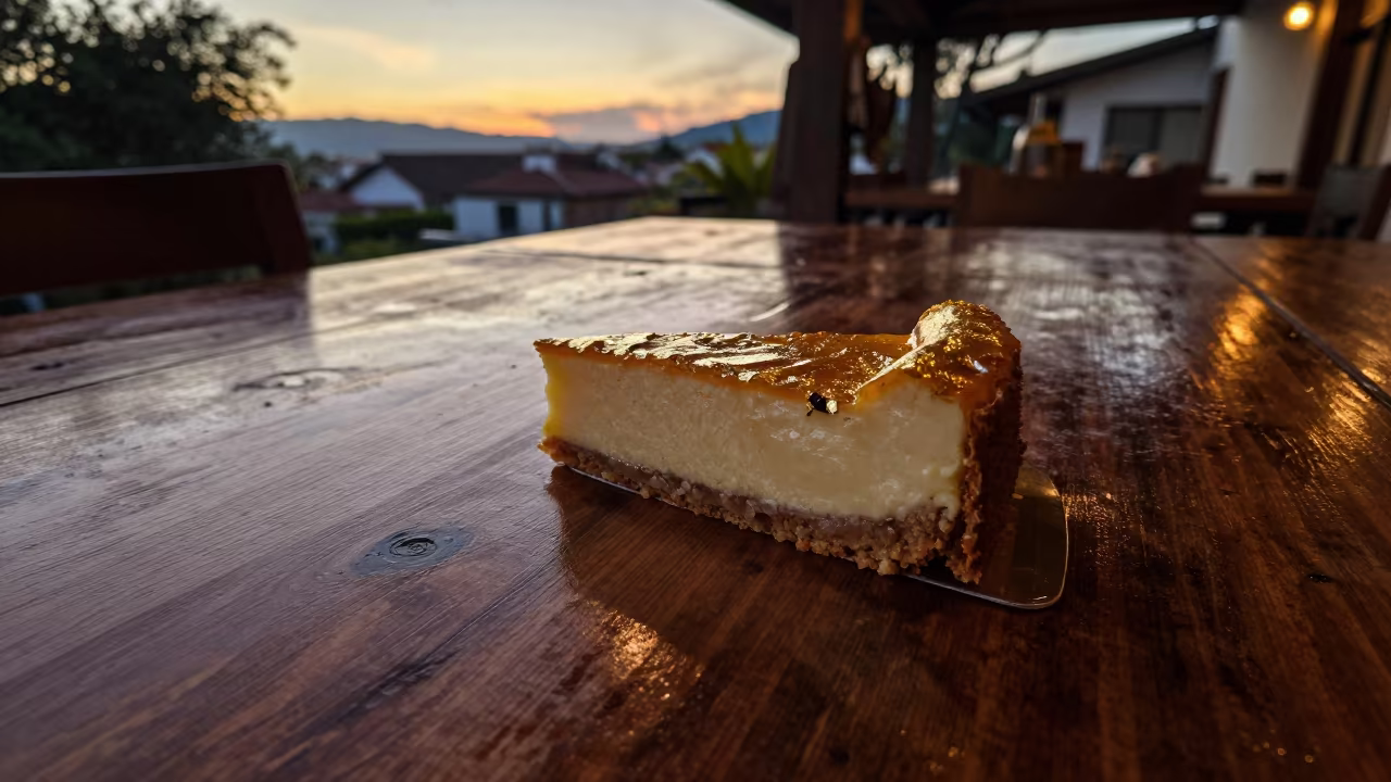 Golden Sachertorte Slice on Rustic Table in on a rustic wooden table in Leticia