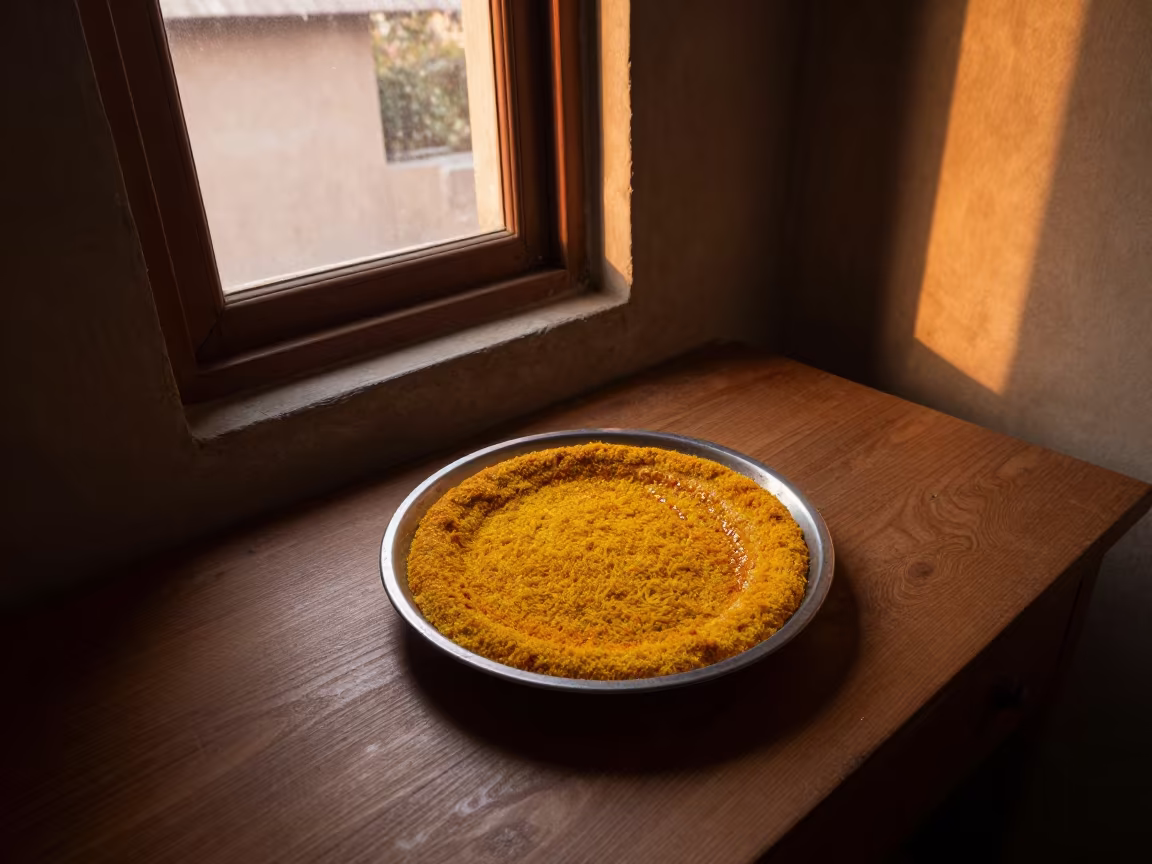 Golden Saffron Tahdig on Desk in Monywa in on a writing desk in Monywa