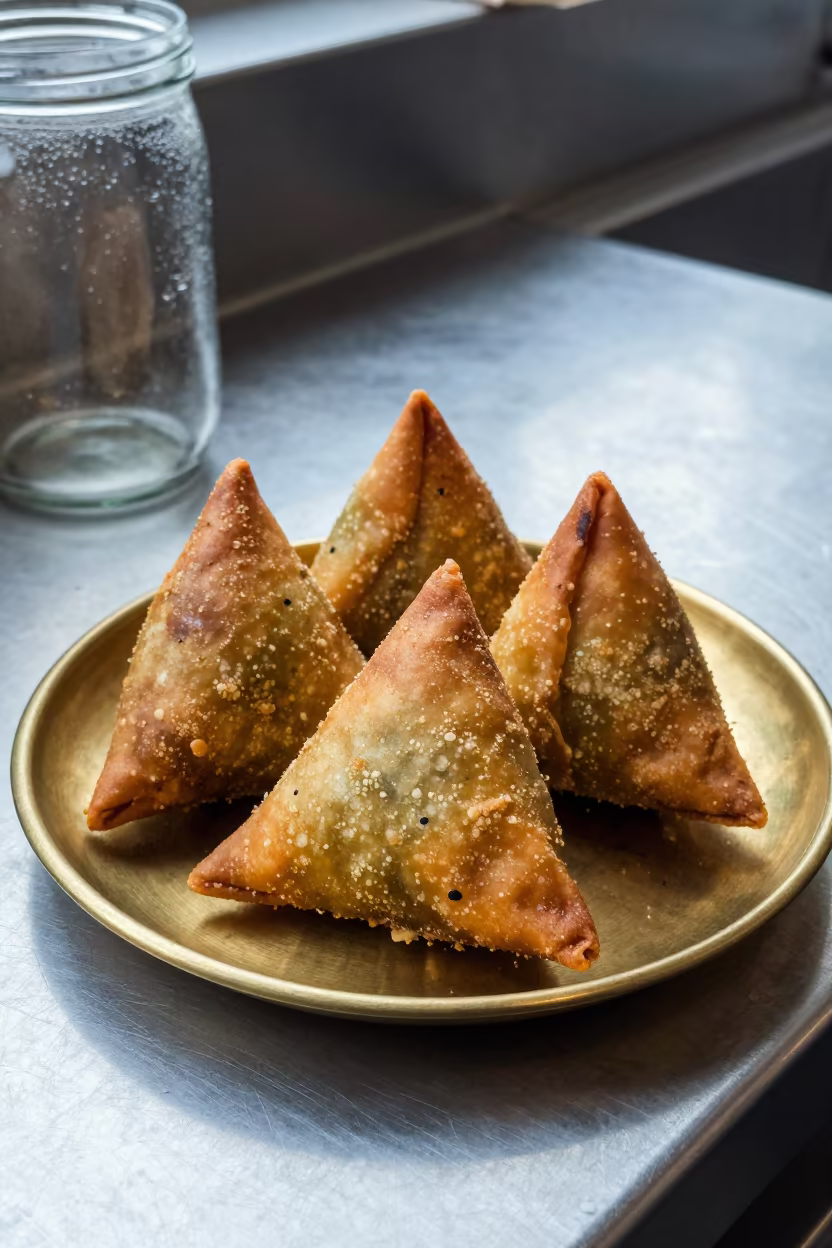 Golden Samosas on Brass Plate in Christchurch Kitchen in on a kitchen worktop in Christchurch