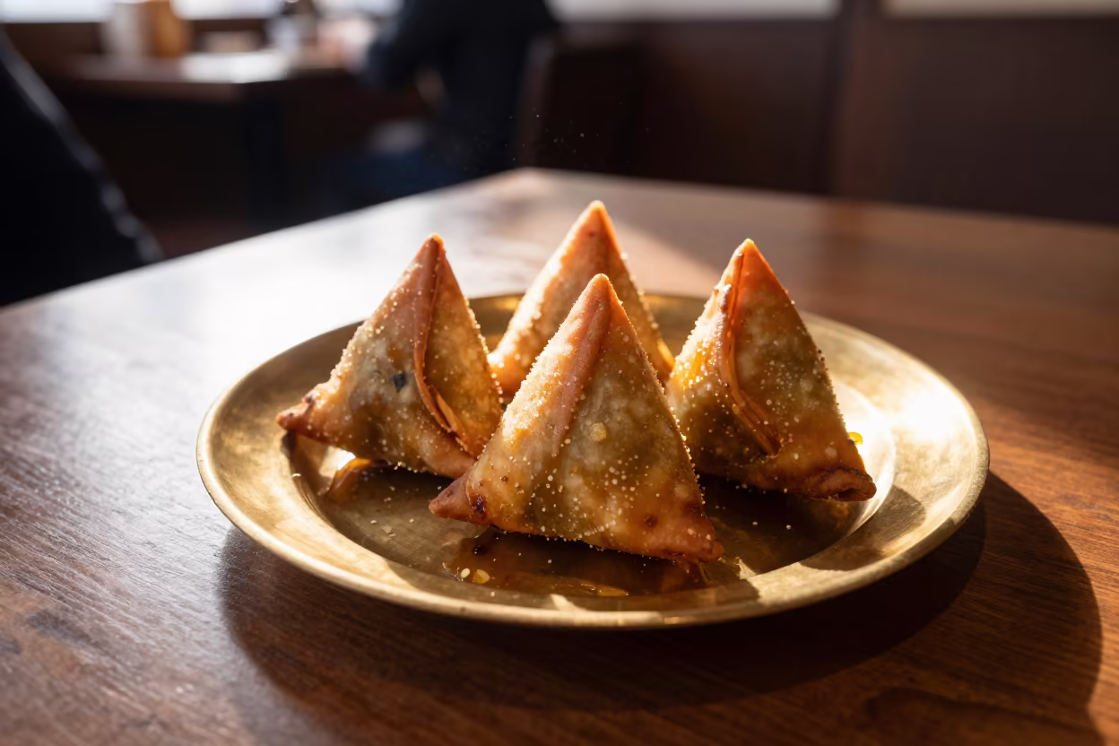 Golden Samosas on Brass Plate in Yokohama Diner in at a roadside diner table in Yokohama