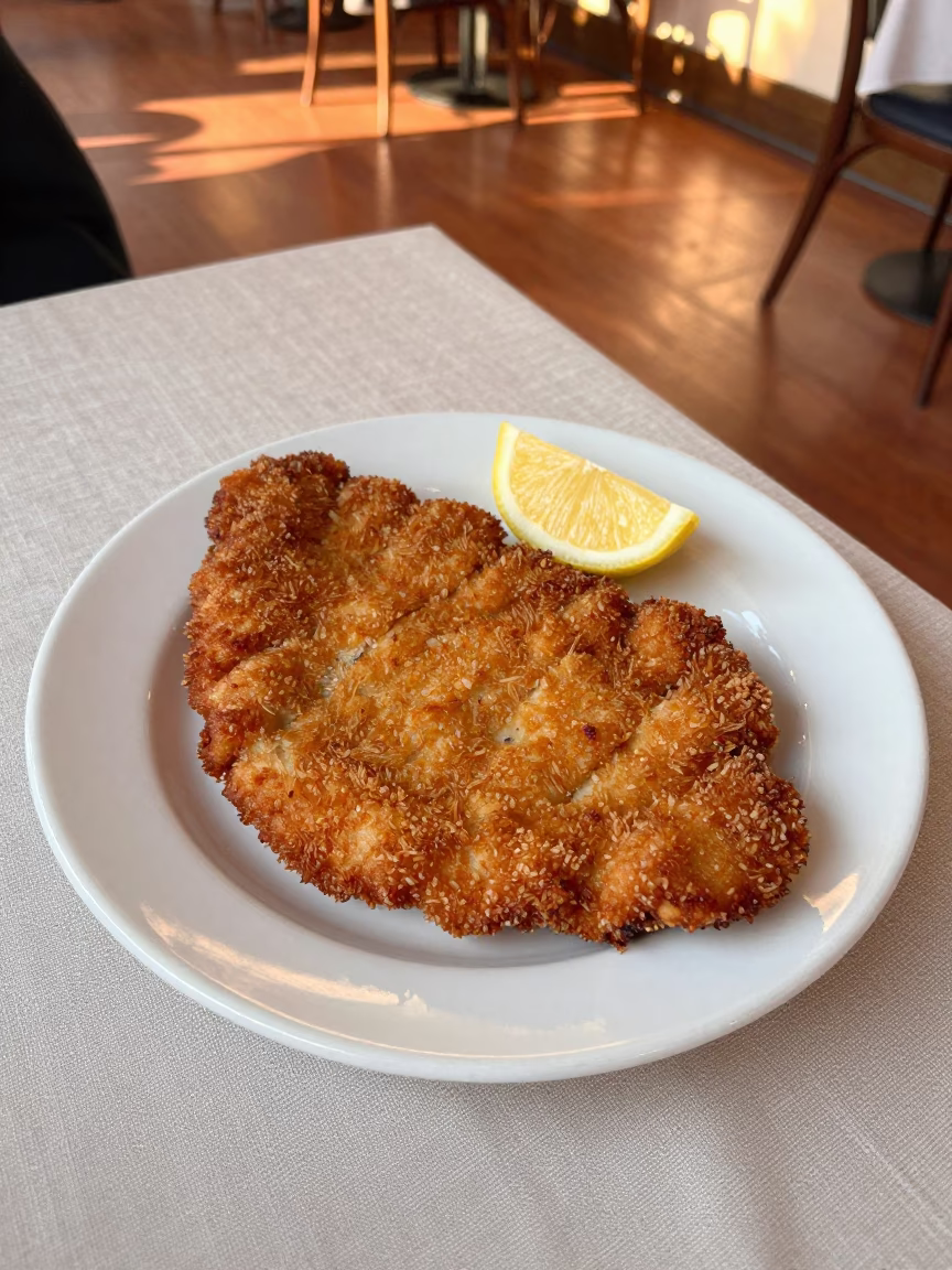 Golden Schnitzel Plate with Lemon on Linen in on a linen-covered restaurant table in Sendai