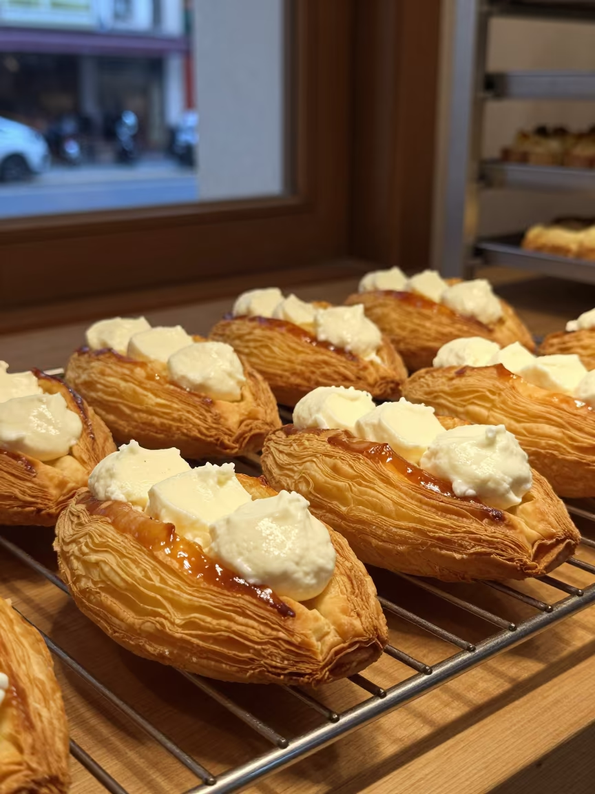Golden Sfogliatelle on Bakery Rack in on a bakery cooling rack in Xiamen