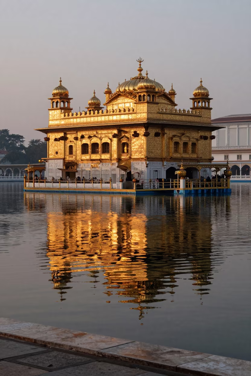 Golden Sikh Temple Silhouette in Copper Light in at the edge of a sacred pool near Magdeburg