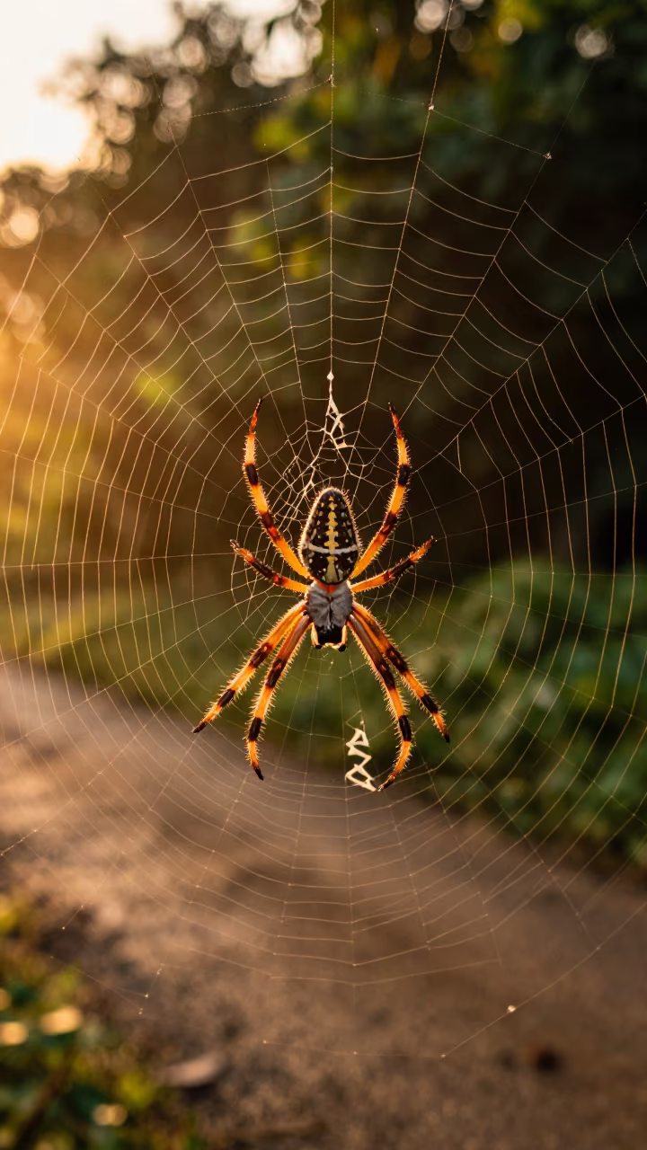 Golden Silk Orb Weaver in Amber Rainy Sunset in along a game trail near Bandung