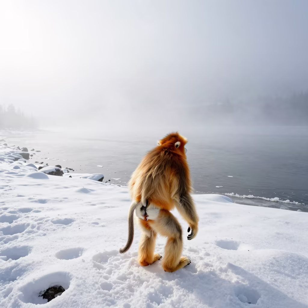 Golden Snub-Nosed Monkey in Alberta Snow in beside a tidal inlet in Alberta