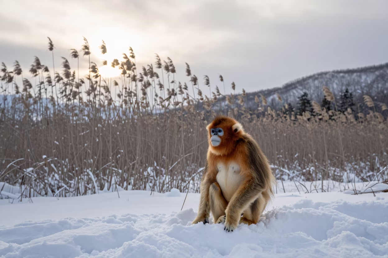 Golden Snub-Nosed Monkey in Hokkaido Snow in at the edge of a reed bed in Hokkaido