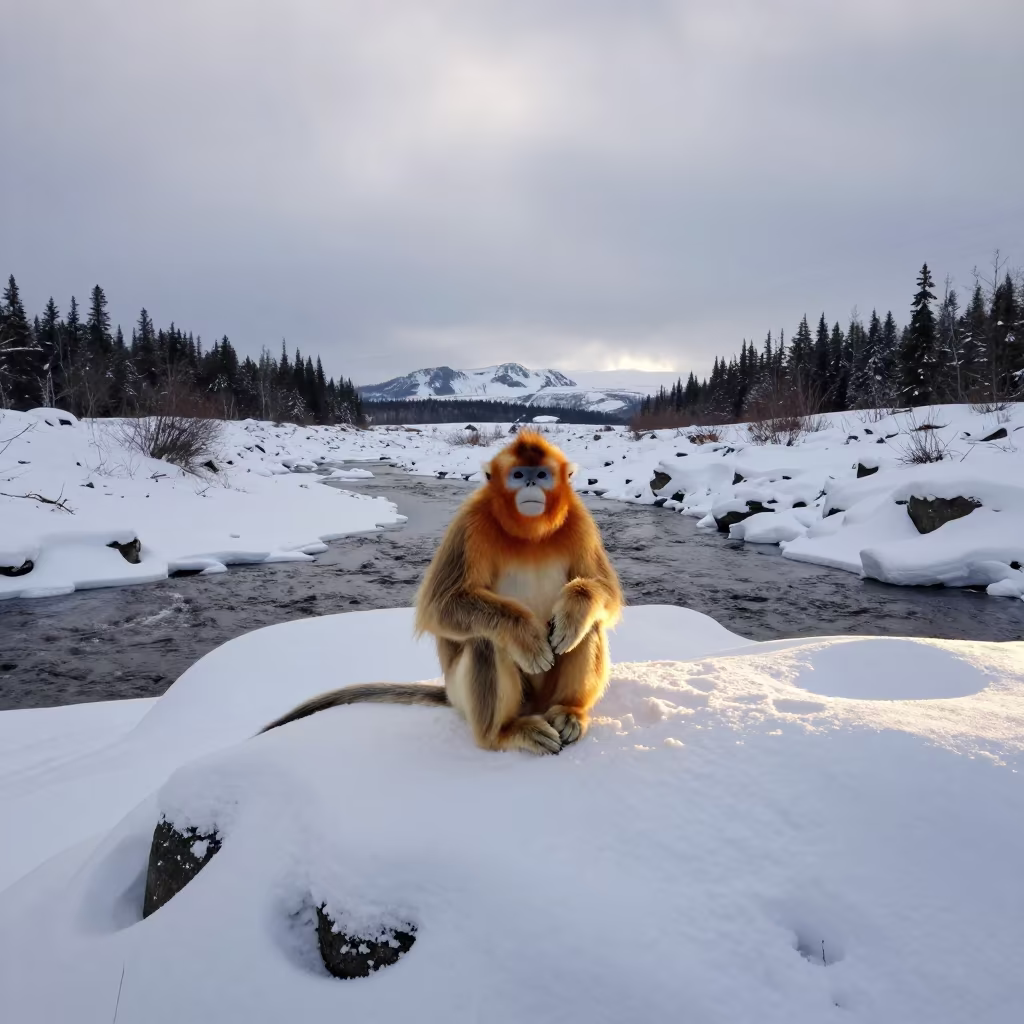 Golden Snub-Nosed Monkey in Snowy Canada in above a glacial stream in Canada