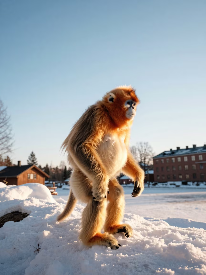 Golden Snub-Nosed Monkey in Stockholm Snow in near Stockholm