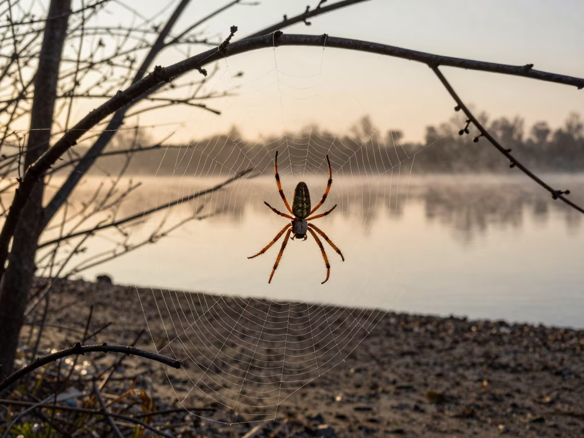 Golden Spider on Web by Tidal Inlet in beside a tidal inlet near Wroclaw