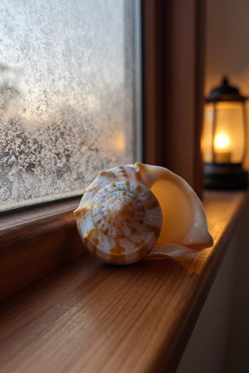 Golden Spiral Seashell Cross Section on Frosty Window in along a frost-edged windowpane in Rudrapur