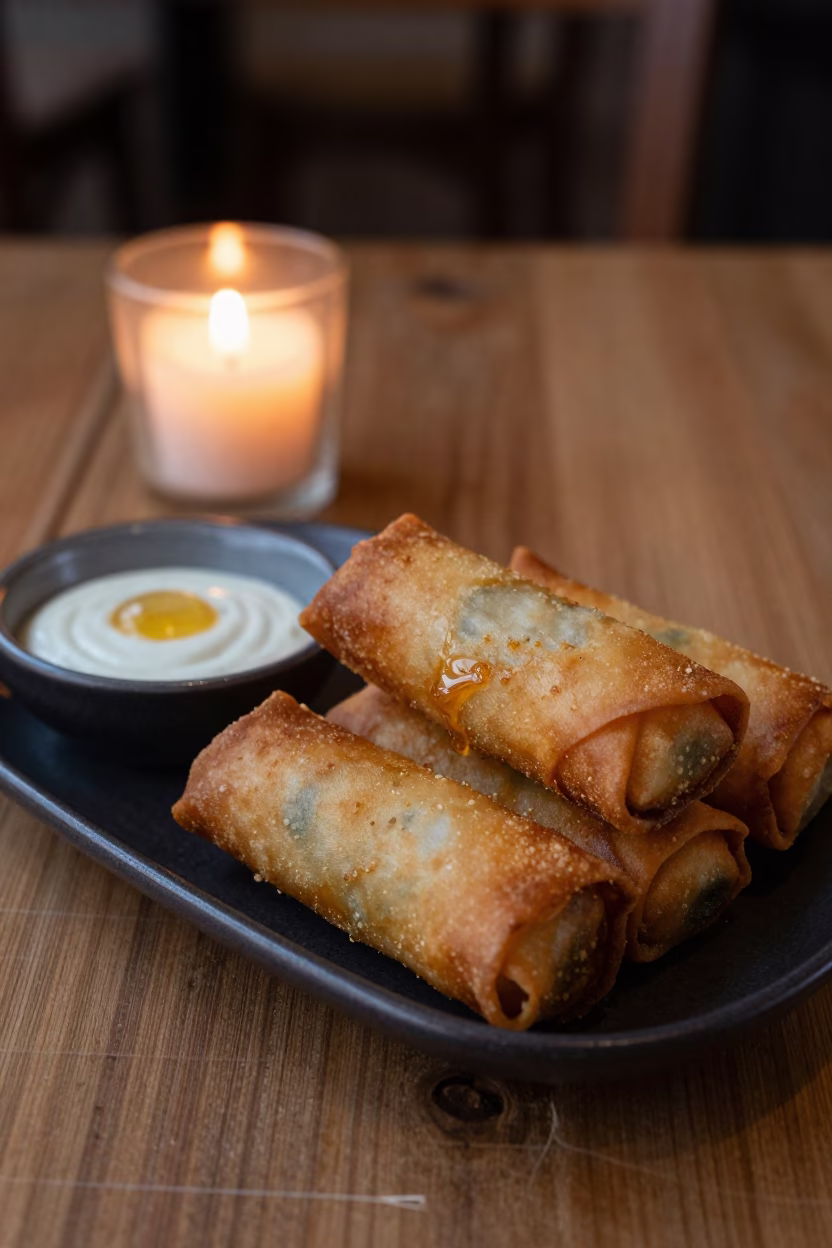Golden Spring Rolls and Dipping Sauce on Wood in on a rustic wooden table in Banja Luka