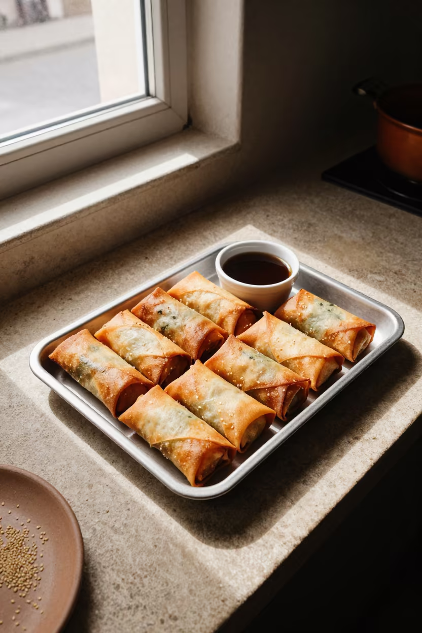 Golden Spring Rolls and Sauce on Erzurum Worktop in on a kitchen worktop in Erzurum