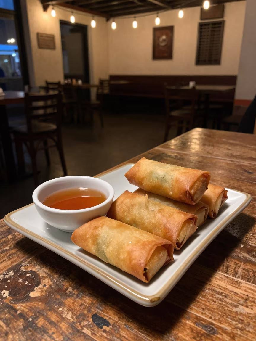 Golden Spring Rolls and Sauce on Verona Table in on a rustic wooden table in Verona
