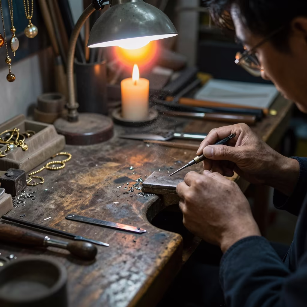 Golden Sun Halo Behind Cloud on Jewelry Bench in at a goldsmith bench in a bazaar jewelry lane in Tianjin