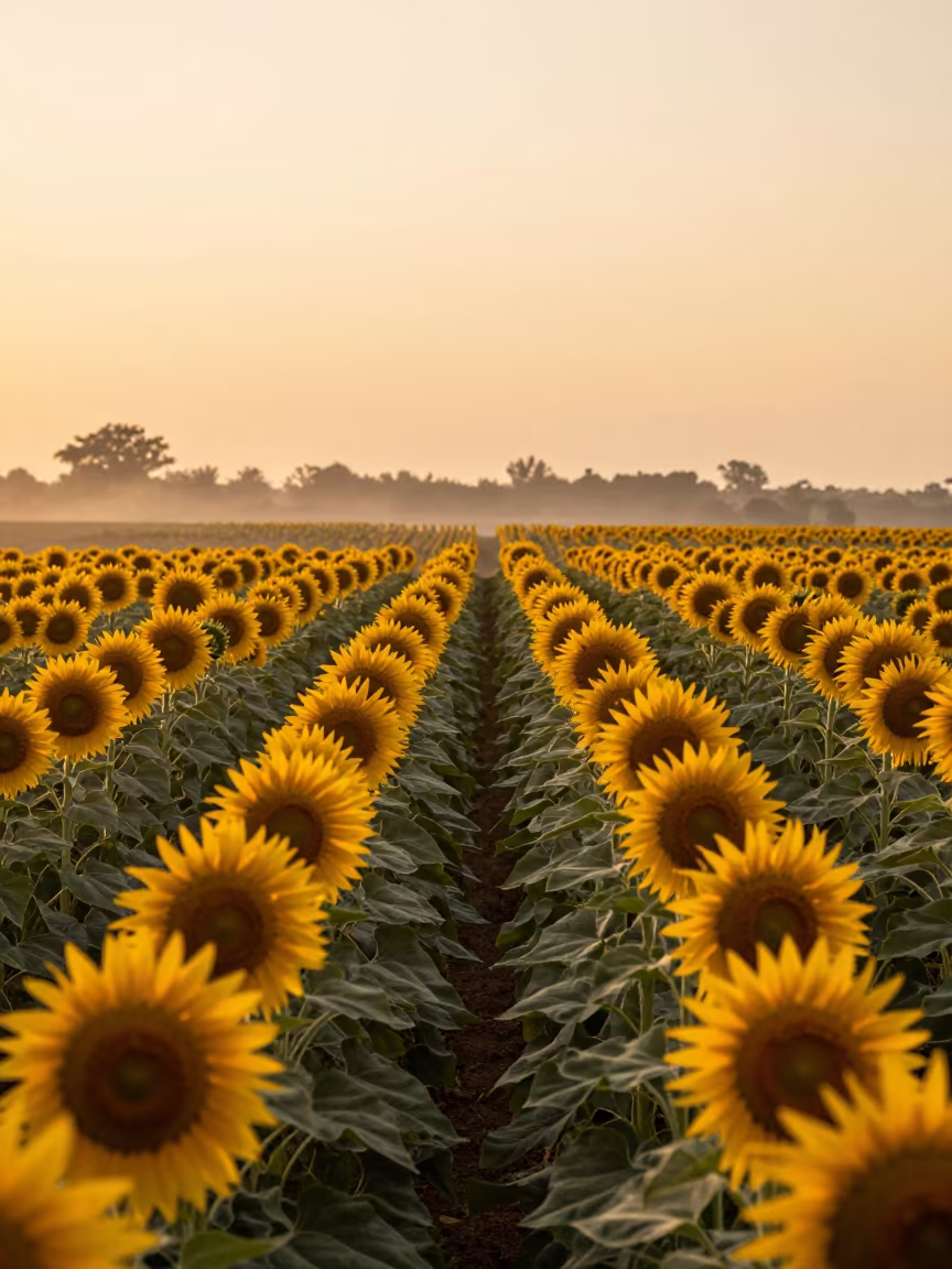 Golden Sunflower Field at Mexican Sunset in in Mexico
