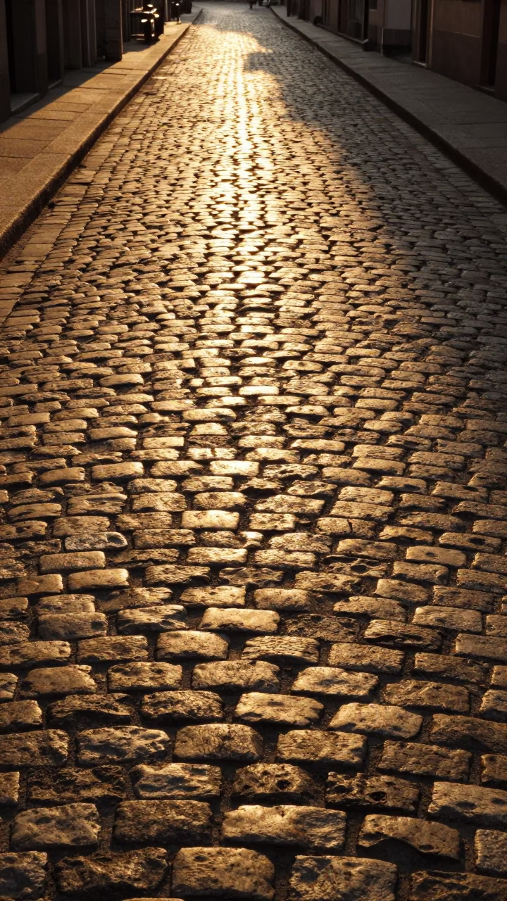 Golden Sunlight Stripes on Cobblestones in Milan Late Afternoon Street Scene in in Milan, Italy