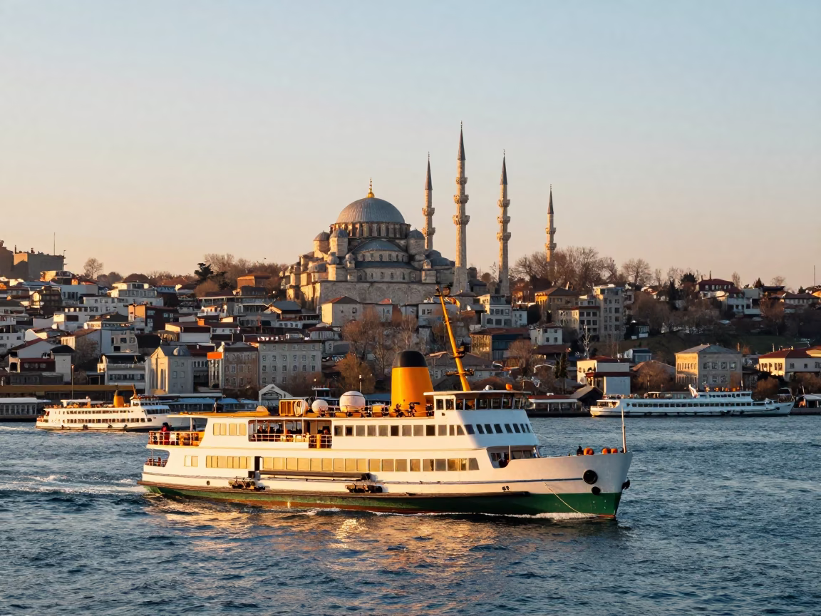 Golden Sunrise Light on Bosphorus Ferries and Ottoman Minarets in Istanbul Turkey in in Istanbul, Turkey