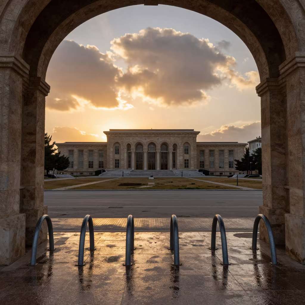 Golden Sunset Archway Framing Wet Bike Racks in beside campus bike racks at dawn in Kahramanmaraş