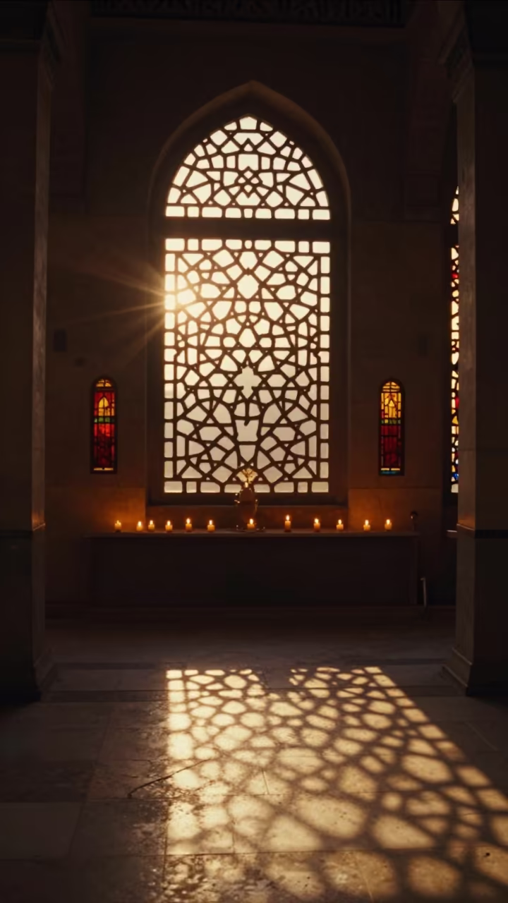Golden Sunset Through Lattice Window in Cairo Chapel in in a chapel lit by stained glass in Cairo
