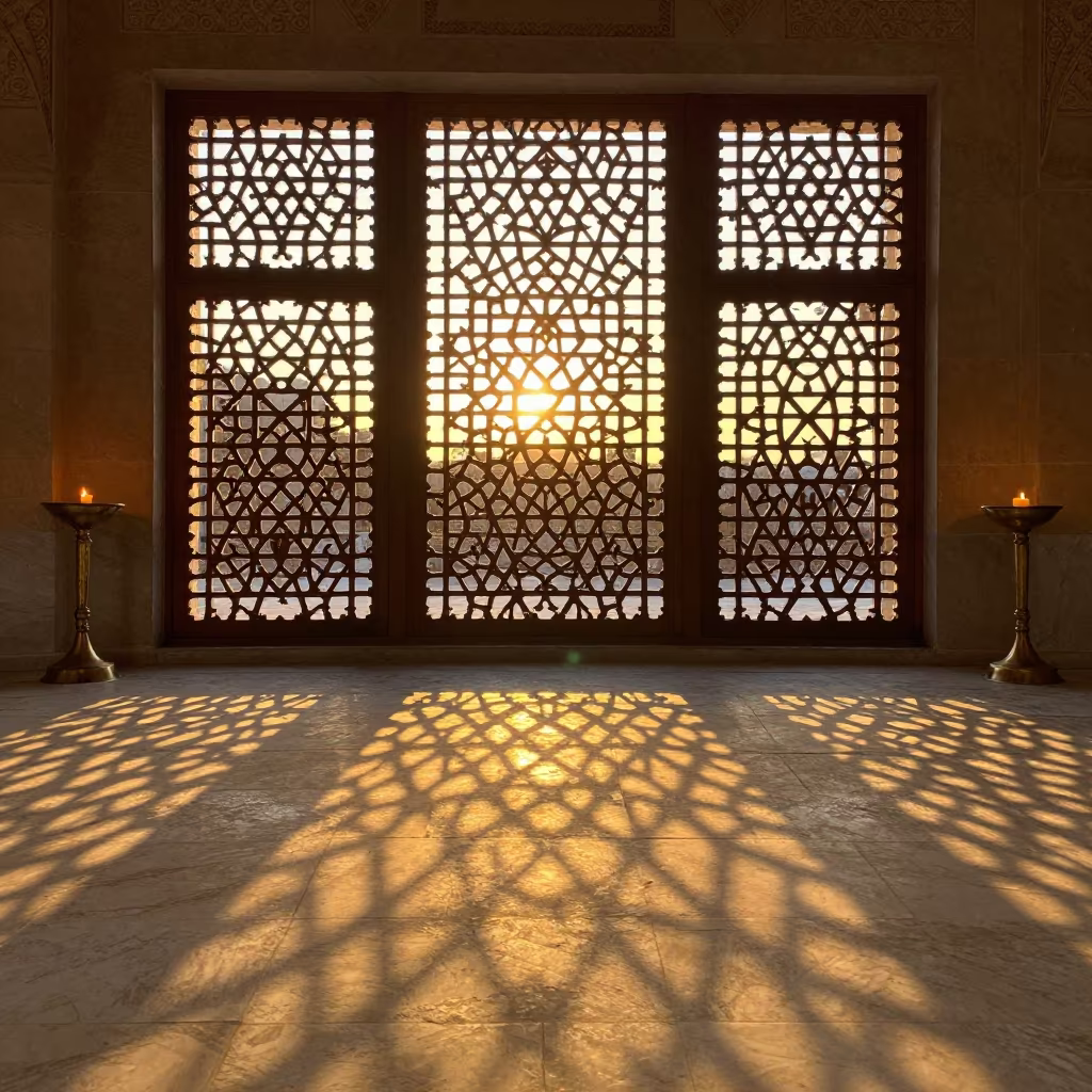 Golden Sunset Light Through Cairo Mosque Lattice in inside a candlelit nave in Cairo