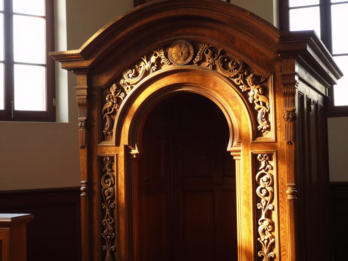 Golden Sunset Light on Carved Torah Ark in beside a carved Torah ark in Patras