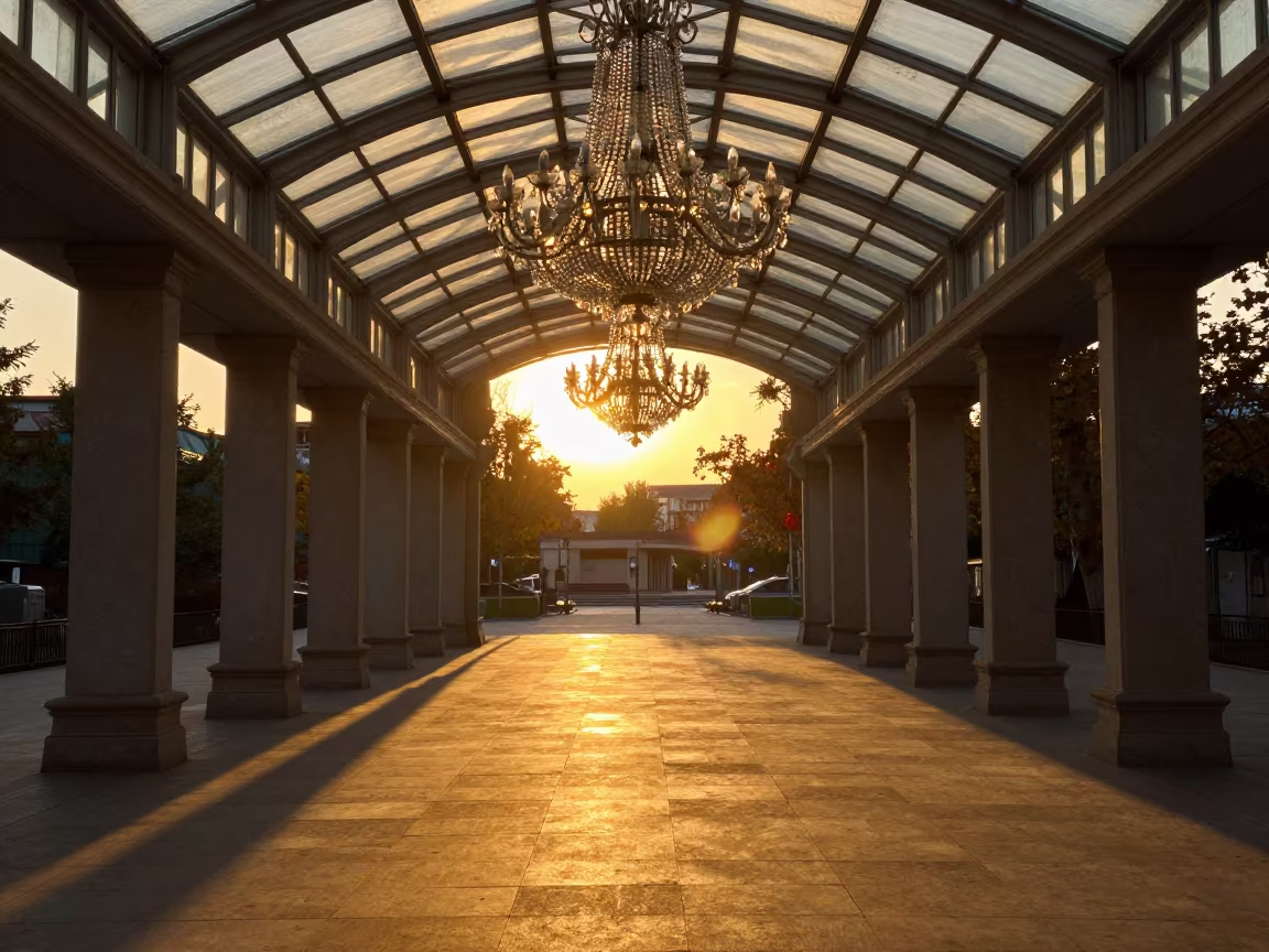 Golden Sunset Light Through Crystal Chandelier in inside a glass-roofed arcade in Lanzhou