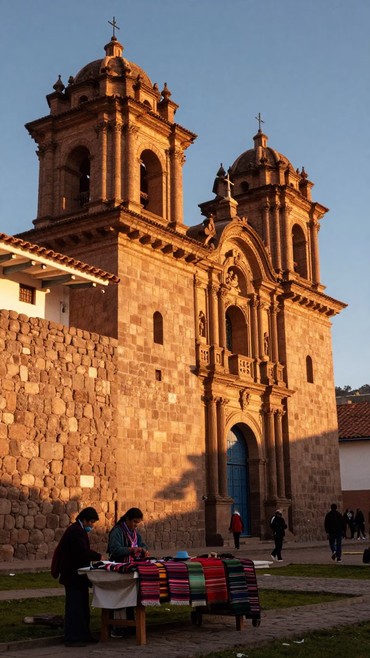 Golden Sunset Light Illuminates Colonial Cusco Stone Walls and Local Market Life in in Cusco, Peru