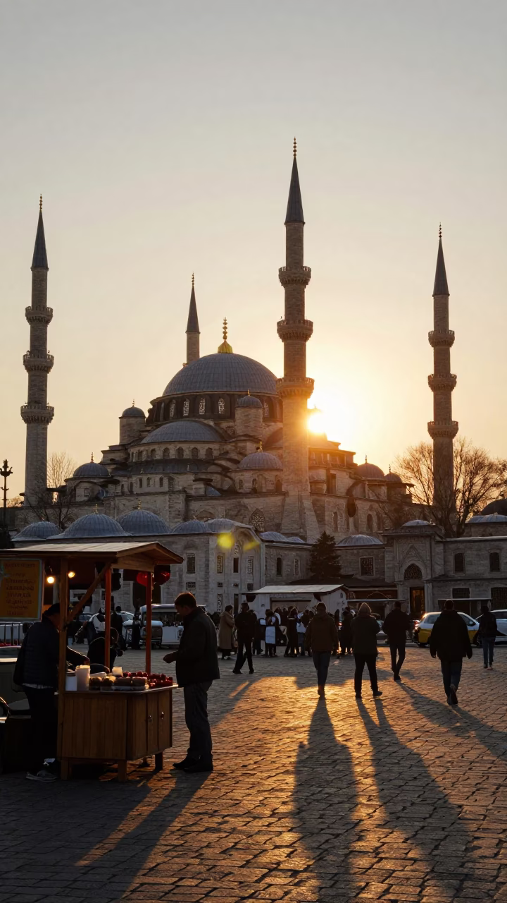 Golden Sunset Light Illuminates Historic Istanbul Minarets Over Bustling Street Market Scene in in Istanbul, Turkey