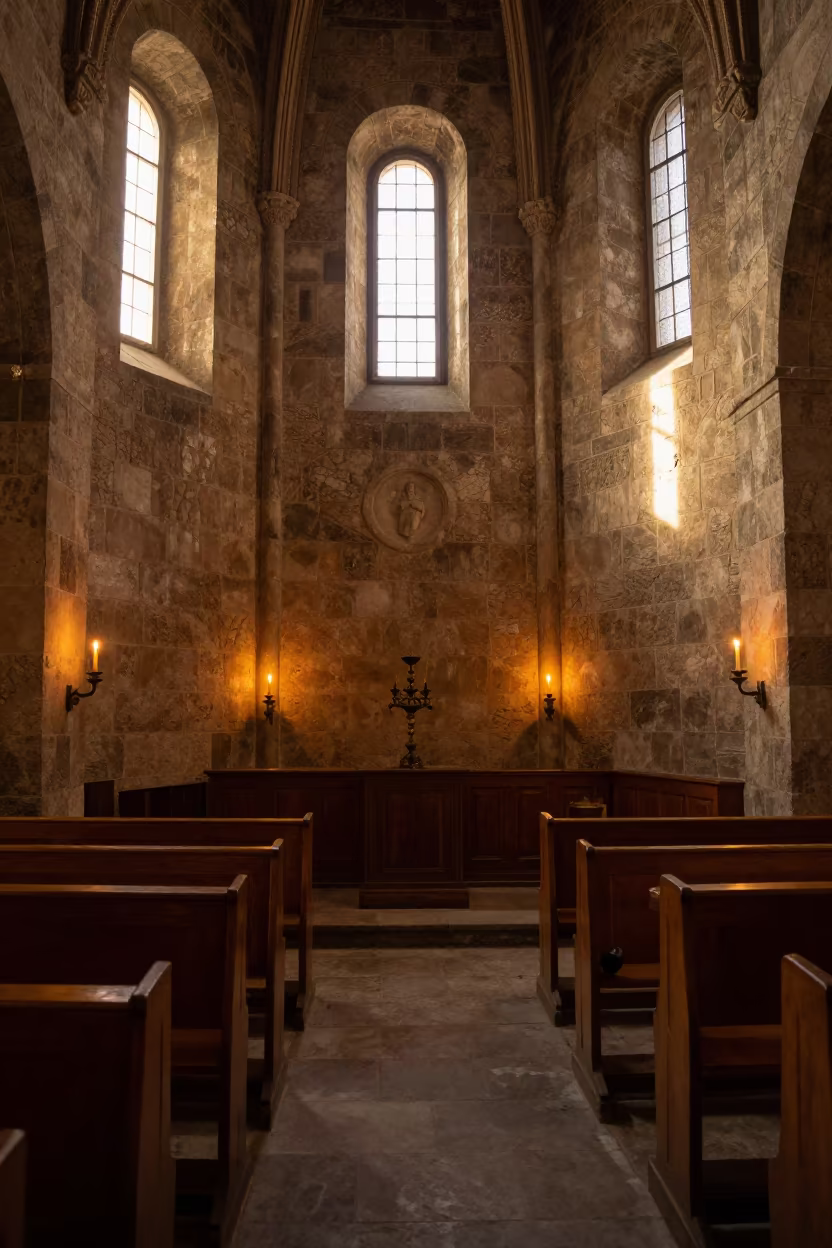 Golden Sunset Light Inside Abanotubani Abbey Nave in inside a candlelit abbey nave in Abanotubani, Tbilisi