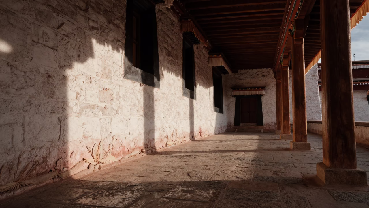 Golden Sunset Light in Lhasa Cloister Passage in inside a quiet cloister passage in Lhasa