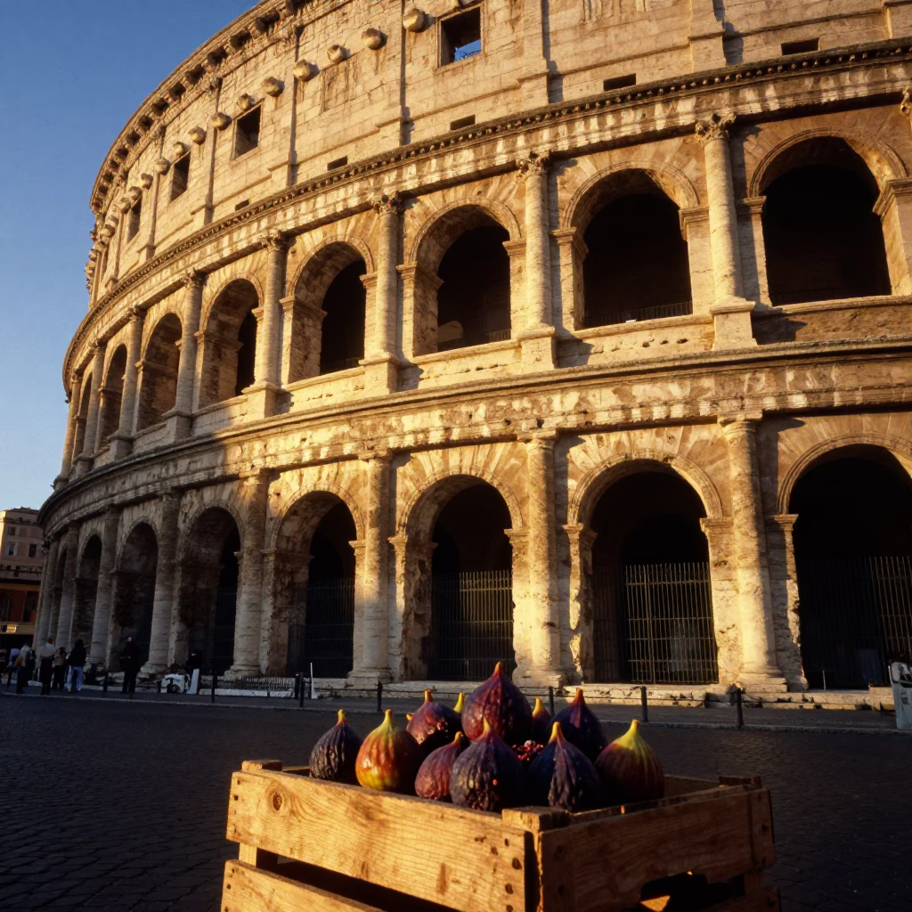 Golden Sunset Light on Ancient Roman Stone Architecture with Fresh Figs in in Rome, Italy