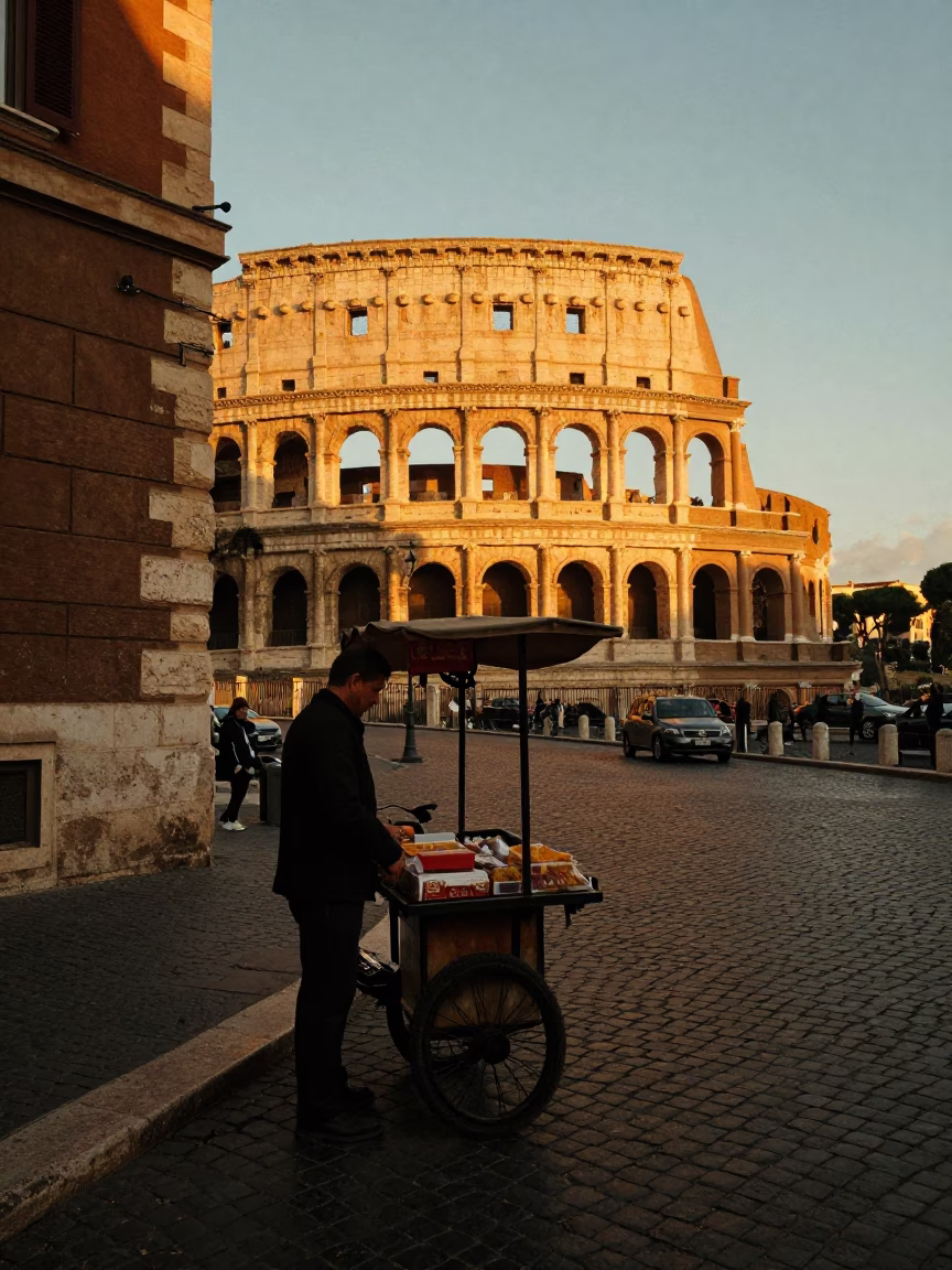 Golden Sunset Light on Ancient Roman Street Corner with Churros and Chocolate in in Rome, Italy