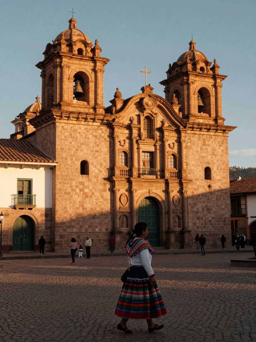 Golden Sunset Light on Cobblestone Plaza in Historic Cusco Peru with Local Street Scene in in Cusco, Peru