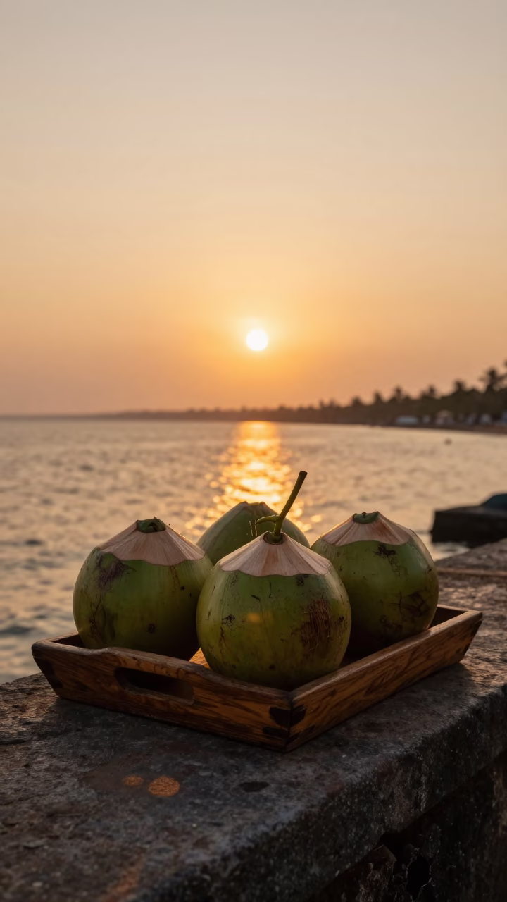 Golden Sunset Light on Coconuts and Wooden Tray in Kochi India in in Kochi, India