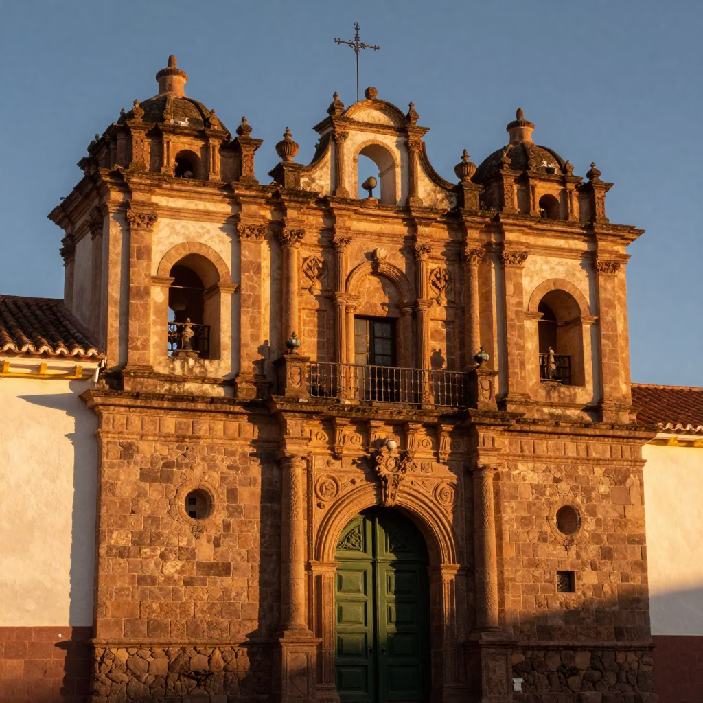 Golden Sunset Light on Cusco Colonial Facade with Brushed Steel Hardware in in Cusco, Peru