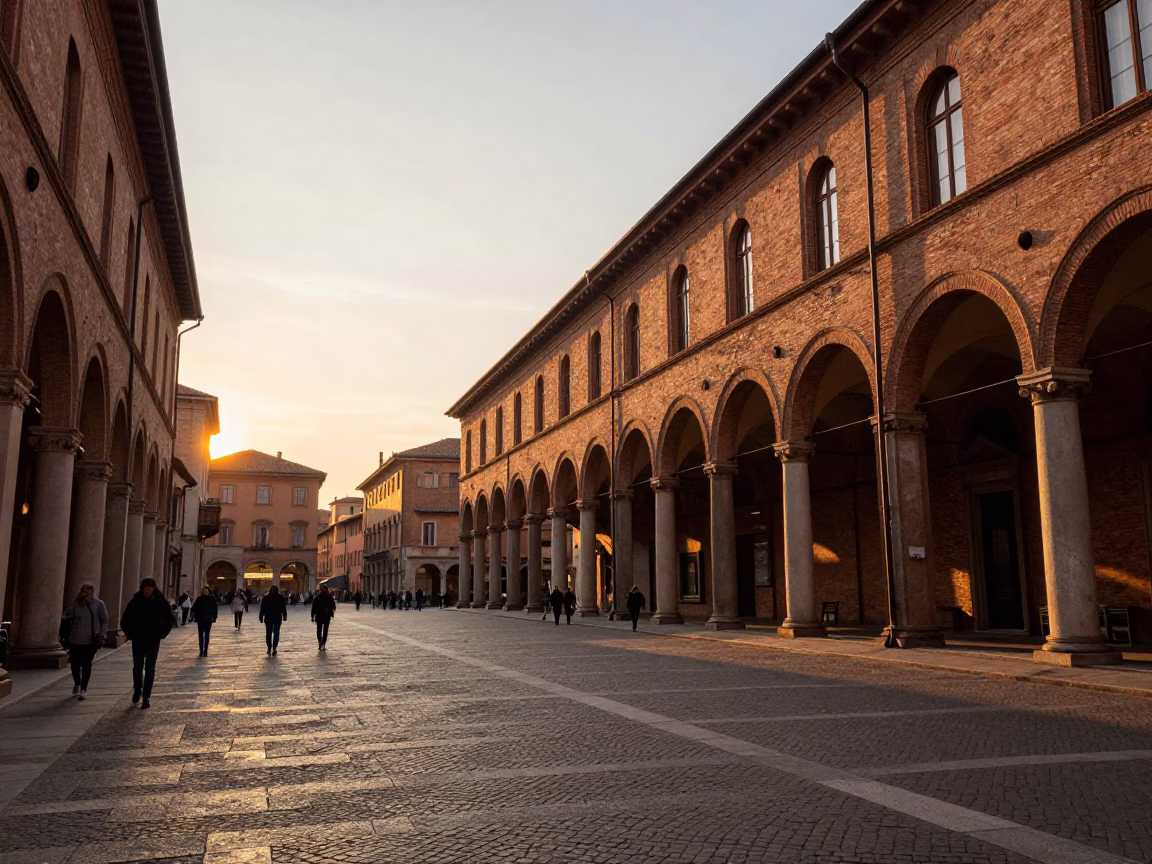 Golden Sunset Light on Historic Bologna Porticoes and Street Life in in Bologna, Italy