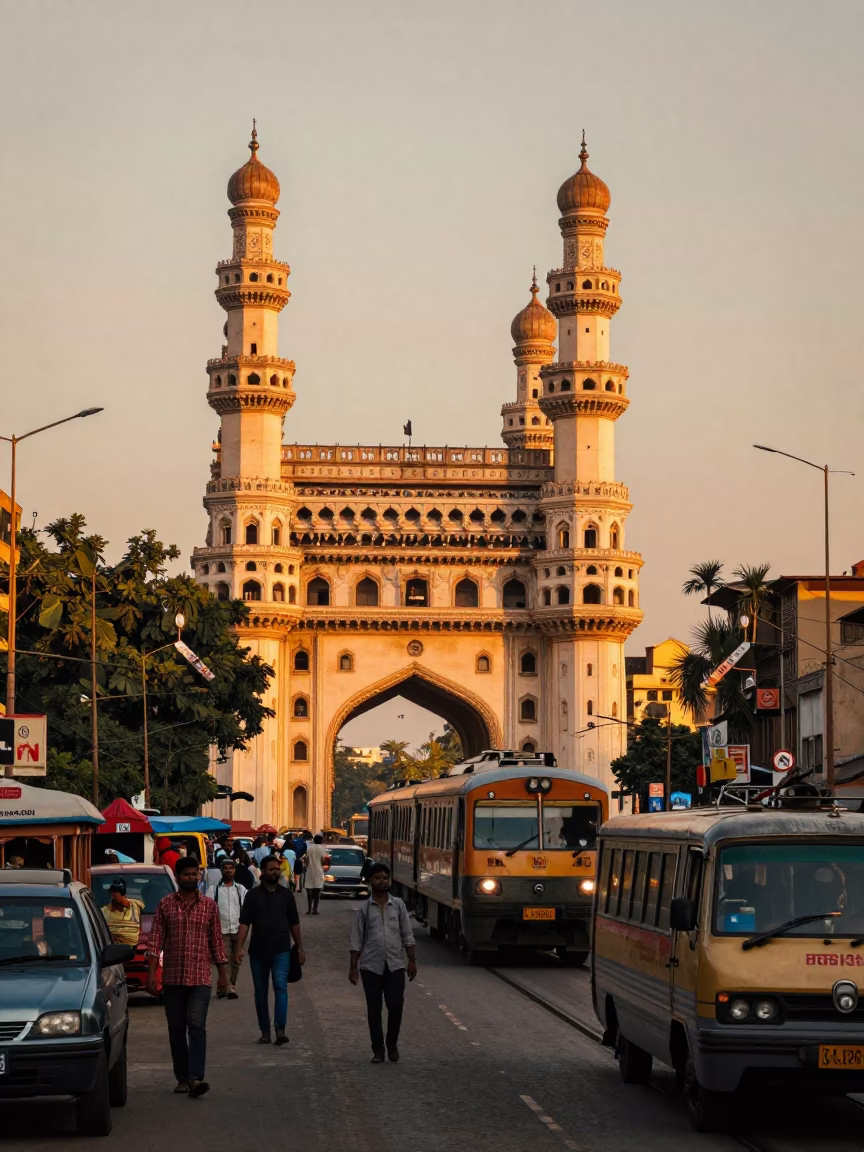 Golden Sunset Light on Hyderabad Charminar Street with Commuter Train and Local Life in in Hyderabad, India