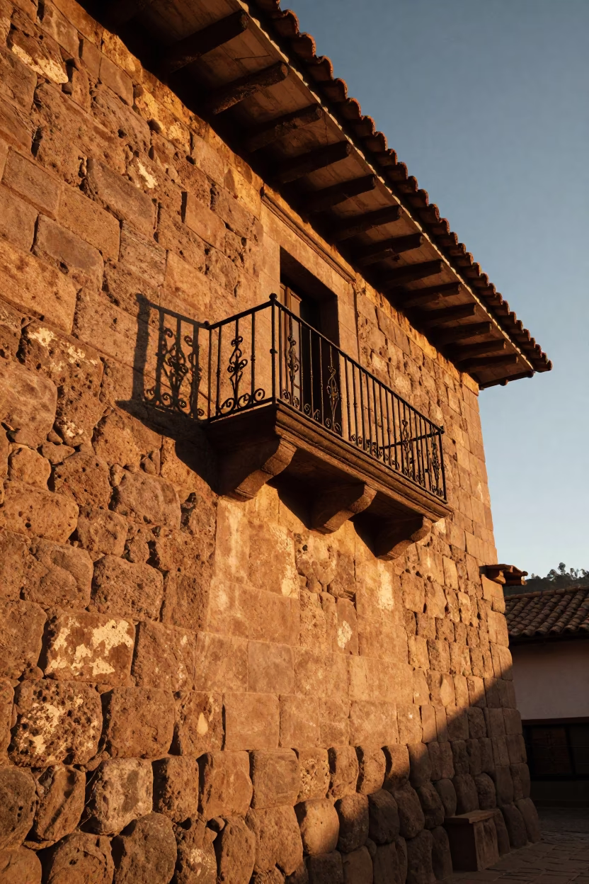 Golden Sunset Light on Inca Stone Walls and Colonial Balconies in Cusco Peru in in Cusco, Peru