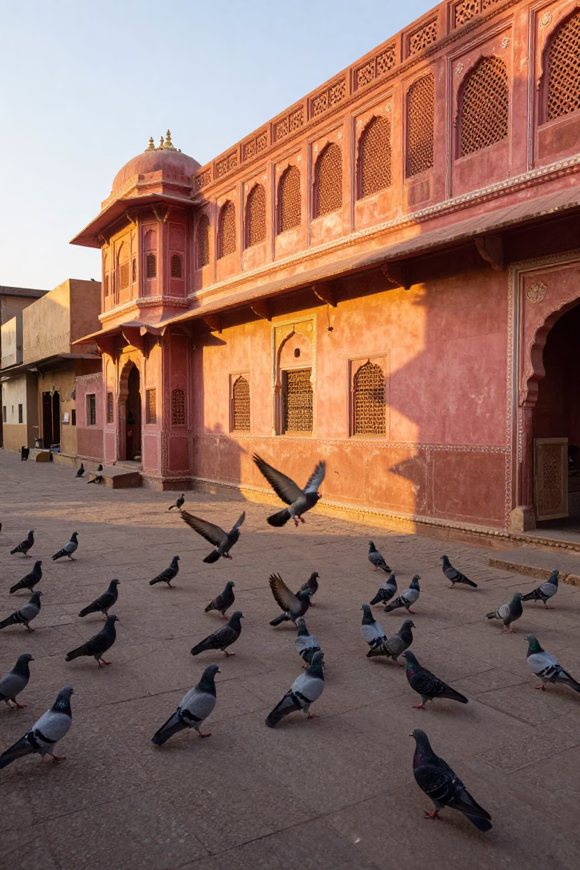 Golden Sunset Light on Jaipur Pink Street with Pigeons and Traditional Architecture in in Jaipur, India