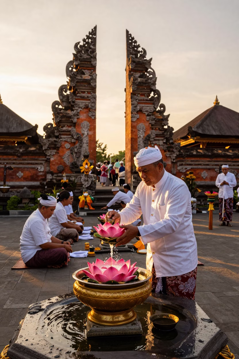 Golden Sunset Light on Traditional Balinese Water Blessing Ceremony in Denpasar Indonesia in in Denpasar, Indonesia