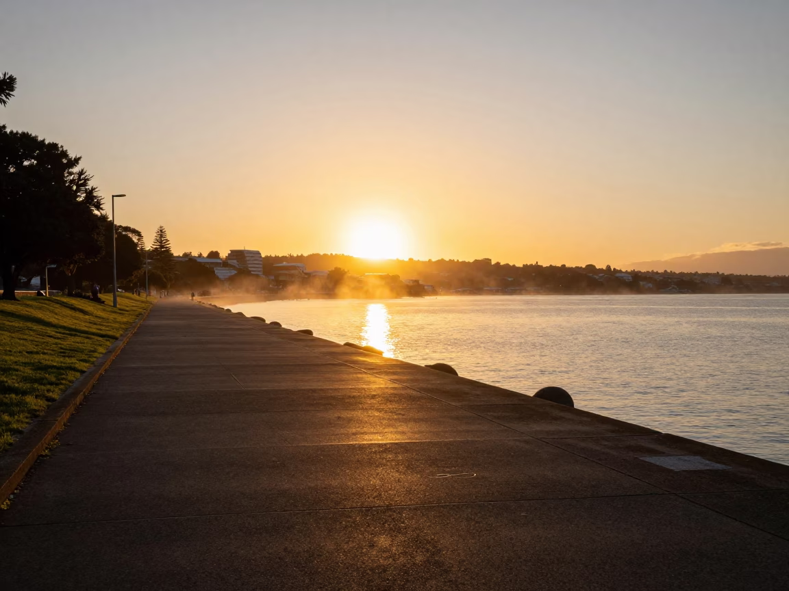 Golden Sunset Light on Wellington Waterfront Spillway Walkway with Rising Mist in in Wellington, New Zealand