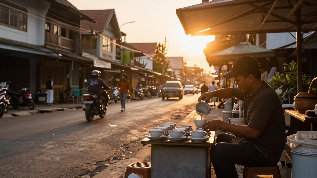 Golden Sunset Light on Yogyakarta Street Scene with Teacups and Local Life in in Yogyakarta, Indonesia