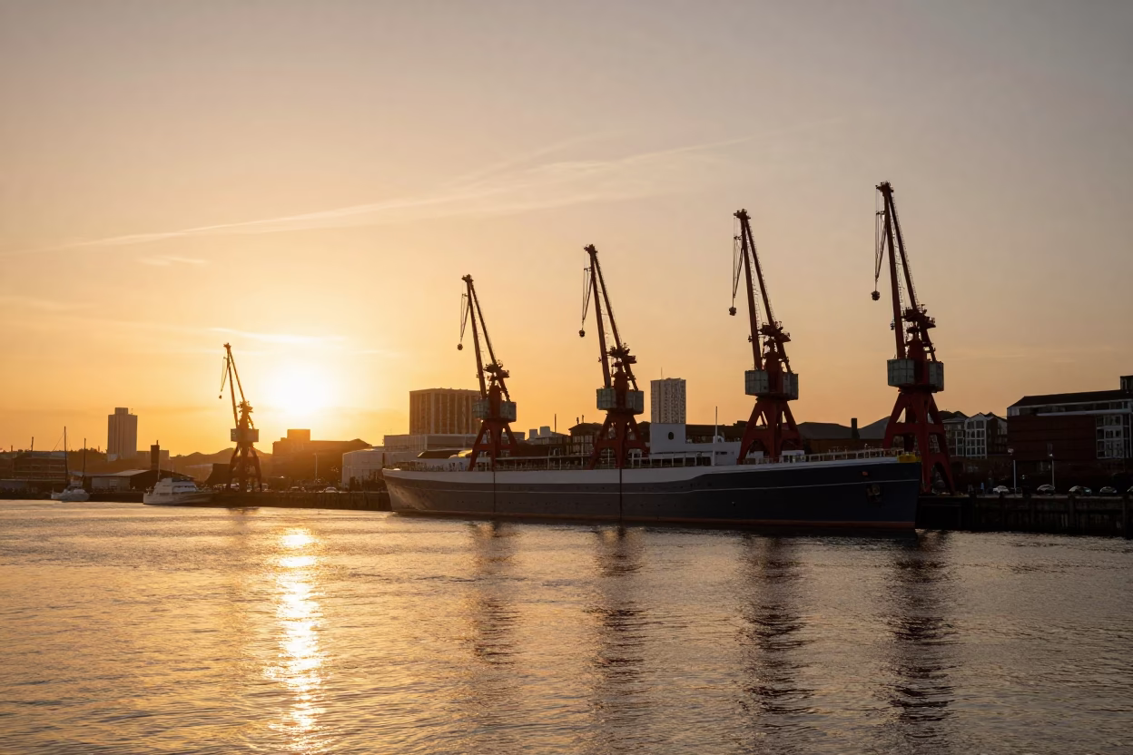Golden Sunset Light Over Bristol Harbour with Historic Cranes and Water Reflections in in Bristol, United Kingdom